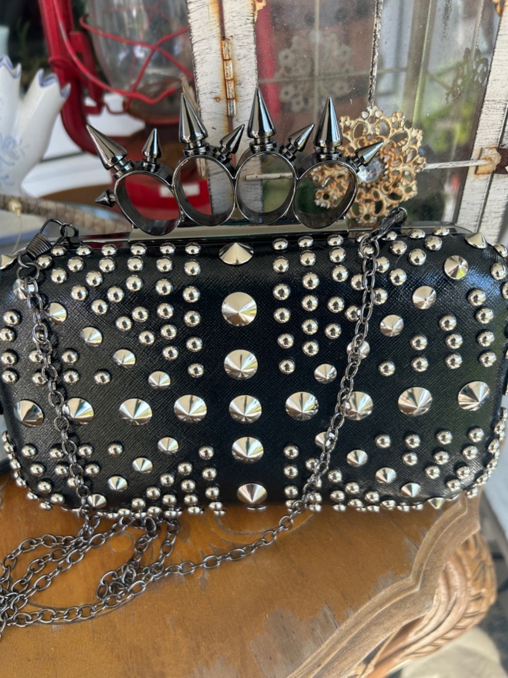 Black Studded Spike Knuckle Ring Bag - Picture 3 of 8